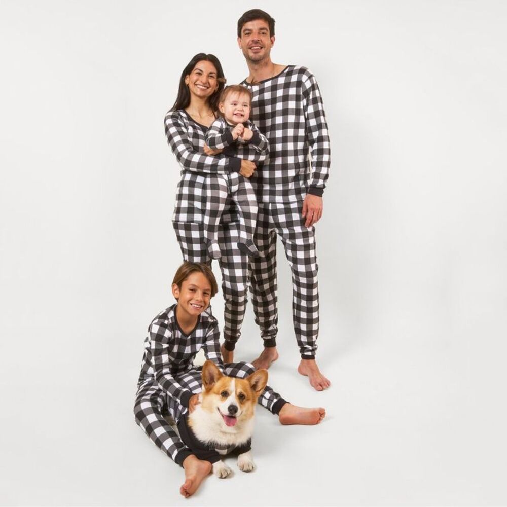 Leveret Mens Two Piece Cotton Matching Family Pajamas Plaid Black & White S